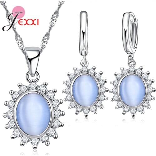 Engagement Geometric Jewelry Sets For Women Love 925 Sterling Silver Cubic Zirconia Pendant Hoop Earrings Female Wedding Gifts