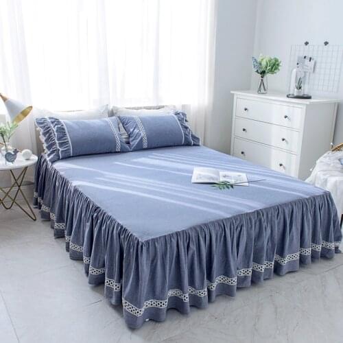 Blue Washed Cotton Ruffle Bedspread Mattress Cover Bed Skirt Solid Lace Hollow Out Bedding Bed Sheet Pillowcases Queen King Size