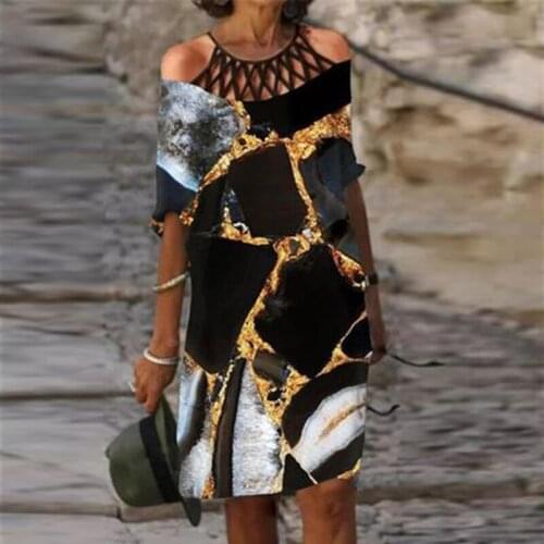 Vintage Tie-dye Print Straight Dress Womens Fashion Hollow Out Medium Length Long-Sleeved Halter Dresses Robe Femme Vestidos