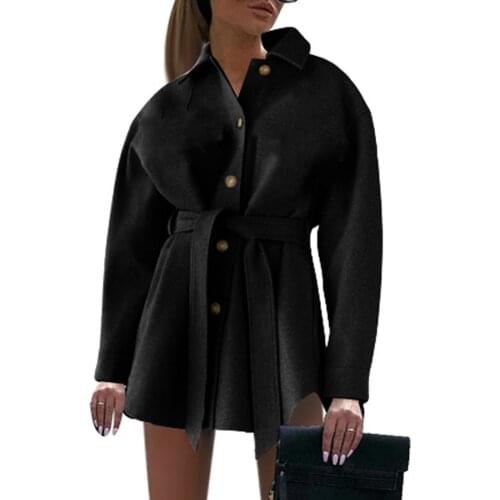 Women 2020 Fashion With Belt Loose Woolen Jacket Coat Vintage Long Sleeve Side Pockets Female Outerwear Chic Overcoat