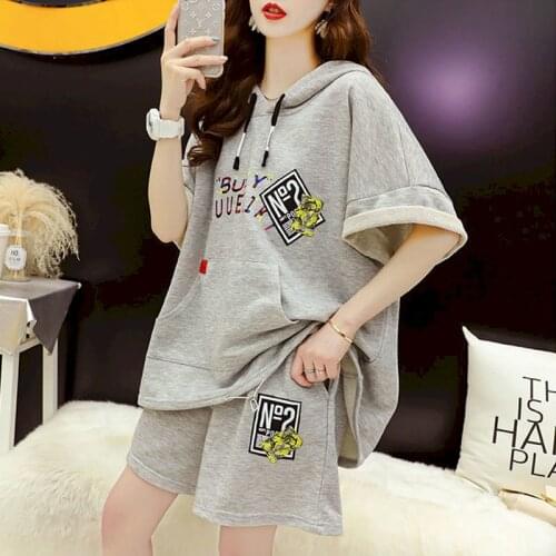 2021 Summer Womens Suits Korean Loose Hoodies Suits Short-sleeved Hooded T-shirt Casual Sports Short Pants Two Piece Sets Women