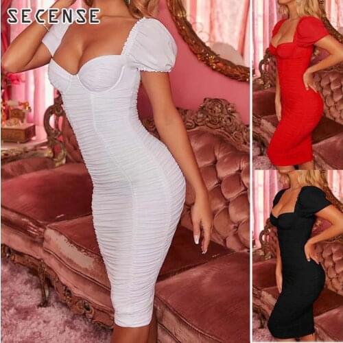 Womens Dresses Mesh Pleated Backless Celebrity Lantern Sleeves Mini Dress Solid Ruched Square Neck Summer Sexy Party Bodycon