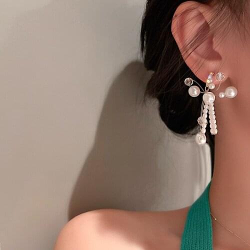 VSnow Fairy White Beaded Simulation Pearl Line Dangle Earring for Women Crystal Shining Rhinestone Hollow Out Earring Jewellery