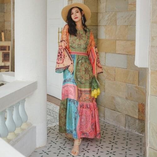 Ethnic New 2021 Summer Designer Maxi Dresses For Women Fashion Flare Sleeve Vintage Printed Boho Holidays Party Long Dress