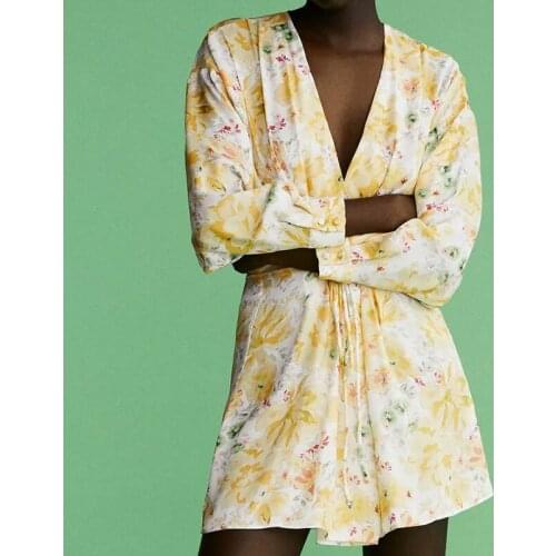 Za 2021 Fashion Women Flowers Print Bandage Dress with Slash V Neck Long Sleeve Female Mini Short Dress OZZ1010