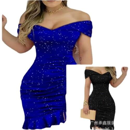 2021 summer sequined neckline strapless ruffled slit tight sexy dress womens clothing