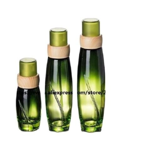 100ml green glass bottle with press pump wooden shape lid for lotion/emulsion/foundation/serum/toner for cosmetic packing