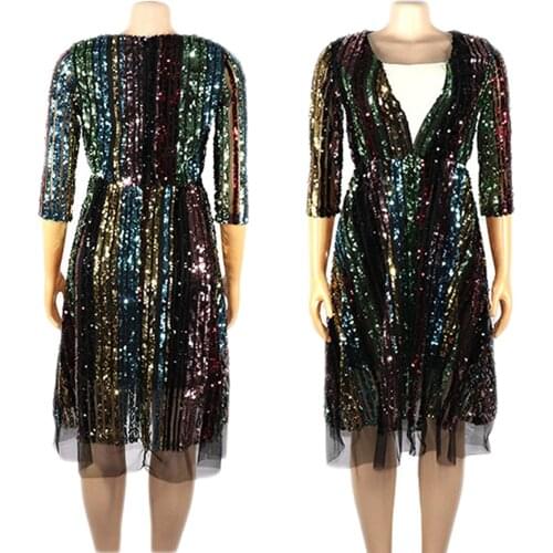 2021 African Women Long Dress Sequins Luxury Knee Length Half Sleeve Africa Kanga Clothing Party Evening Fashion Dress Fashion