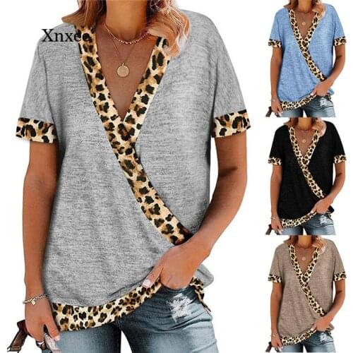 2021 Summer V Neck Cross Leopard Print Patchwork Shirts Fashion Short Sleeved Top Casual Ladies Plus Size Streetwear Blouses