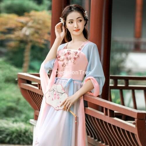 2021 ancient traditional chinese woman elegant hanfu dress fairy embroidery stage folk dance costume retro tang dynasty hanfu
