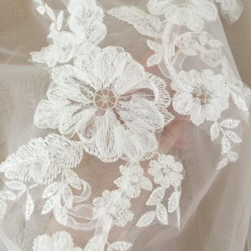 4 Pieces Exquisite 3D Tulle Bridal Lace Applique in Ivory , Clear Sequin Alencon Flower Motif Lace Patch DIY Accessory