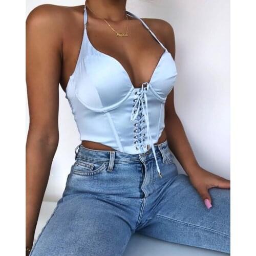 Missnight Halter Tank Tops Bandage Slip Satin Crop Tank V Neck Sexy Tops Women Backless Bustier Party Clubwear Streetwear 2021