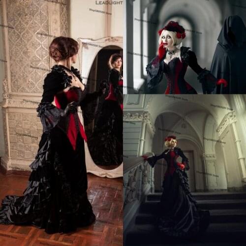 Velvet victorian Corset Wedding Dresses Black red Vampire gothic Evil queen Victorian Bridal Gown Skirt with Long Sleeve