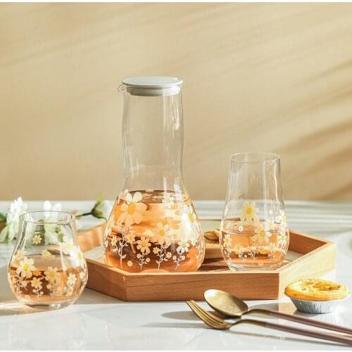 New Sun Flower 1100ML Thickened Bottom Glass Kettle With Cover, Heat Resistant Crystal Water Jug For Home Juice Pot and Cup