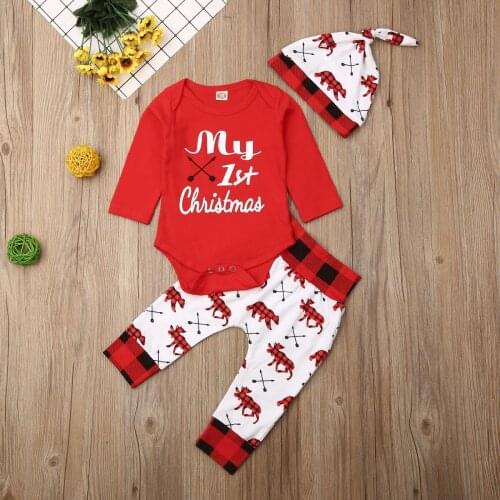Pudcoco Newborn Baby Boy Girl Clothes My 1st Christmas Print Long Sleeve Romper Tops Print Long Pants Hat 3Pcs Outfits Clothes