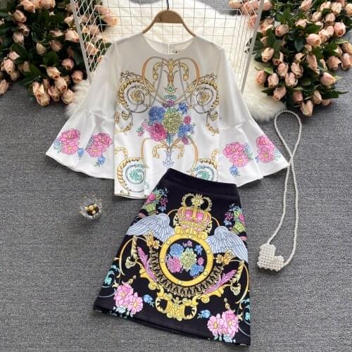 DALMAZZO 2021 New Summer Vintage Print Womens Suit Clothes Flare Sleeve O Neck Tops + Mini Skirt two Piece Sets Plus Size 2XL