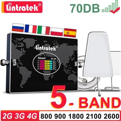 Lintratek 5 Band Signal Booster 800 900 1800 2100 2600 MHZ B20 LTE Repeater GSM 2G 3G 4G Antenna Mobile Cellualr Amplfier Kit