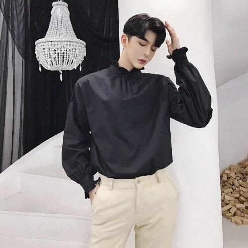 Mens Gothic Shirt Top Victorian Ruffle Neck Cotton Punk Loosen Retro Fashion Black White C2