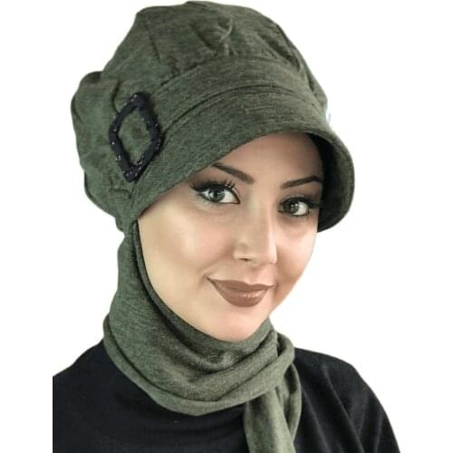 Yeni Moda 2021 Hijab Kadın Müslüman Başörtüsü İslami Kıyafet Eşarp Mavi Bordo Fular Bone Kına Yeşili Tokalı Atkılı Şapka Şal