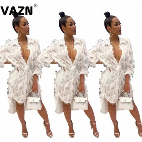 VAZN New Sexy Solid Girl Fashion Dress 2019 Popular Hot Casual Office Tide V-Neck Full Sleeve Women Thin Mini Dress