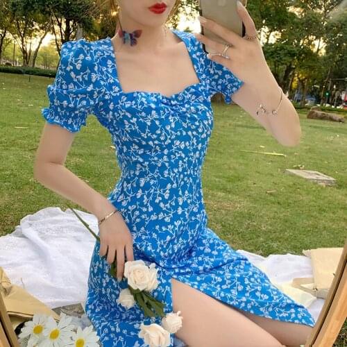 French Ruffle Women Sexy Puff Sleeve Split Dress Office Lady Korean Style Summer Elegant Chiffon Fairy Boho Vestidos