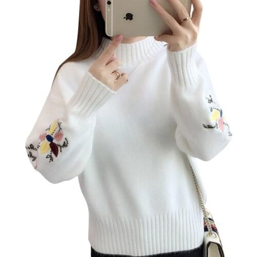 Half Turtleneck New Fashion 2021 Women Autumn Winter Long Sleeve Embroidery Knitted Sweater Pullover Loose Ladies Tops Tide H923