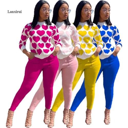 Lanxirui Casual Love Print Two Piece Set Casual Daily 2 Piece Set Women Full Sleeve Top Full Pant Sets