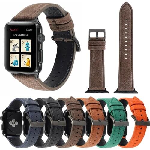 BEAFIRY For Apple watch Band 6 5 44mm 40mm Genuine Litchi Leather Straps Watchband for iwatch 42mm 38mm 4/3/2/1 brown blue black