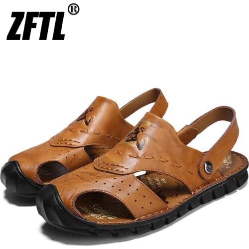 ZFTL Mens Sandals Genuine Leather Handmade beach sandals Trendy mens sports and leisure man Summer breathable Slip-on shoes 56