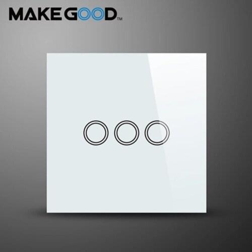 MakeGood EU Standard Touch Switch 3 Gang 1 Way Crystal Glass Panel Wall Switch AC 110-250V/1000W for Light