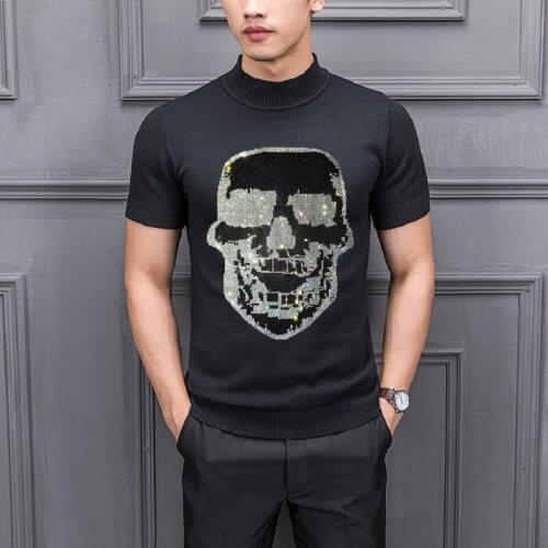 Rhinestone Knitted Male Skull Hot Semi Sweater Mens Short-Sleeved Sports Diamond High-Quality Designer Tops