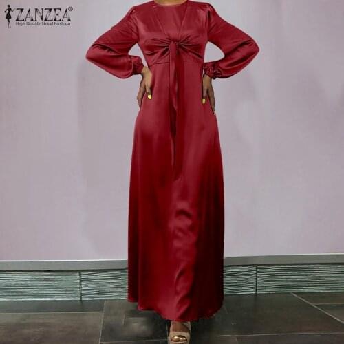 ZANZEA Women Everning Maxi Dress Party Robe 2021 Spring Autumn Ladies Satin Puff Sleeve Bow Tie Vestidos Casual Solid Sundress