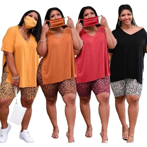 Plus Size Shorts Sets Two Piece Women Summer Loose Crop Top and Leopard Short Leggings Jogging Tracksuit Wholesale Dropshipping