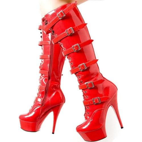 Women Knee-high Boots 15CM Super High Heel Platform Buckle Straps PU Leather Boots Custom Made