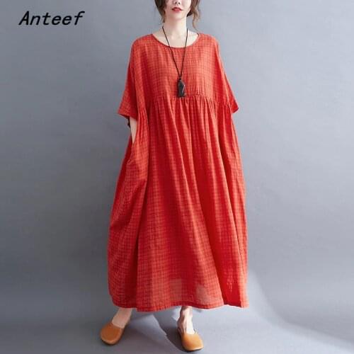 Short sleeve cotton vintage plaid dresses for women casual loose long woman summer dress elegant clothes 2021 sundress