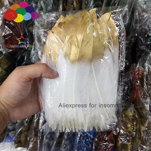 100pcs dye White 15-20cm/6-8 inches Diy Beautiful Gold head Goose Feather Tape center plumas faisan view