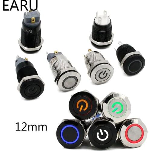 12mm Waterproof Metal Push Button Switch LED Light Black Momentary Latching Car Engine PC Power Switch 5V 12V 24V 220V Red Blue