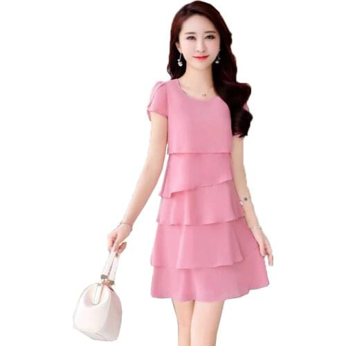 2021Women Chiffon Dresses Korean Ladies Summer Dress Loose Plus Size 5XL Vestidos Layered Chiffon Dress Women Lady Mini Dress