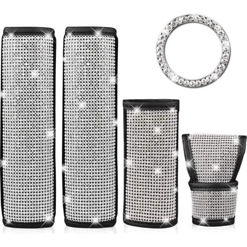 5 Pack Diamond Car Accessories for Women Interior, Bling Seat Belt Covers, Bling Gear Shift Cover, Handbrake Cover