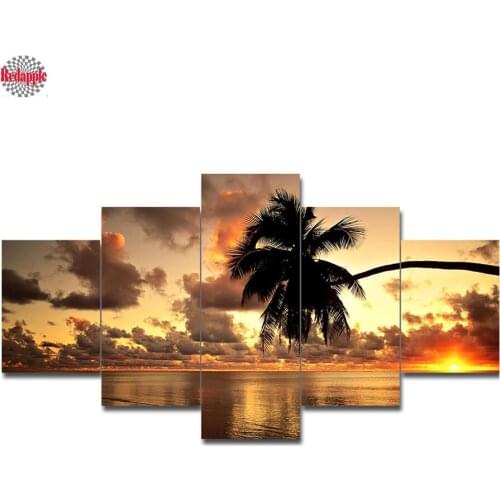 5d Diy Square round daimond painting Cross Stitch Mosaic Kit 5 pcs Sunrise sea beach Cloud Landscape 3d Diamond Embroidery decor
