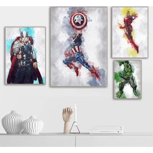 Watercolor Marvel Avengers Canvas Painting Captain America Iron Man Thor Hulk Canvas Poster Home Decoration Room Decor