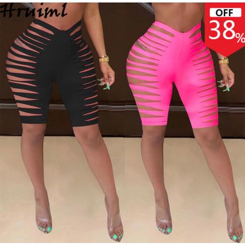 New Sexy Pants Knee Length Elastic Waist Skinny Hollow Out Women Fashion Casual Personalized Women Bottoms Pants Solid Color