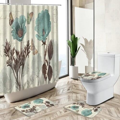 Floral Shower Curtain Butterfly Plant Leaf Vintage Watercolor Art Bathroom Decor Non-Slip Carpet Toilet Cover Bath Floor Mat Set