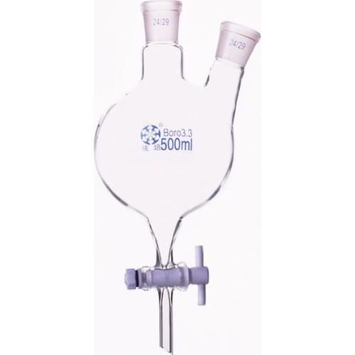Two-necked flask oblique shape,With PTFE switch valve,Capacity 500ml,Middle joint 24/29,Lateral joint 24/29,Separatory funnel