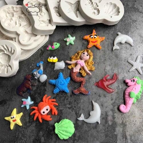 Aouke Molds Starfish & Seahorse,Little Mermaid,Crab and Fish,Octopus , Shell Sugar Buttons Silicone Mould