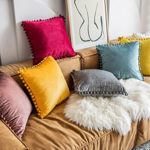 INS Simple Wind Solid Color Dutch Velvet Car Decoration Cushion Square Ball Edging Pillowcase Home Decoration Products