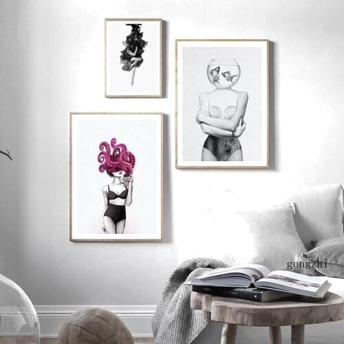 Ocean Octopus Fashion Sexy Woman Poster Surrealism Abstract Canvas Painting and Prints Black White Wall Art Living Room Decor