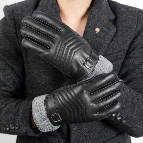 JKP Mens Leather Gloves Thick Plush Winter Warm Sheepskin Full Finger Touch Screen Driving Gloves Mittens