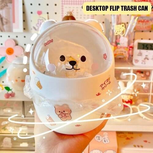Desktop Cartoon Waste Bins with Flip Lid Mini Trash Can Kawaii Cute Bear Trash Bin Storage Box Girl Pen Holder Storage Bucket