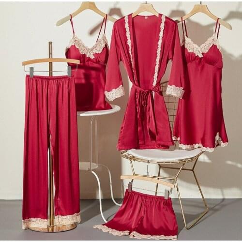 Spring Summer New V-neck Ice Silk Nightgown Female Home Wear Comfortable 5Pcs Suit Sexy Sleepwear Lady Lace Womens Pajamas Set